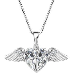 Angel Wings Necklace Sterling Silver Love Heart Birthstone for Women